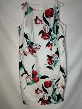 NWT Chicos White Midi Sheath Dress Red Floral Tulip Print Chicos Size 1 Or Med 8